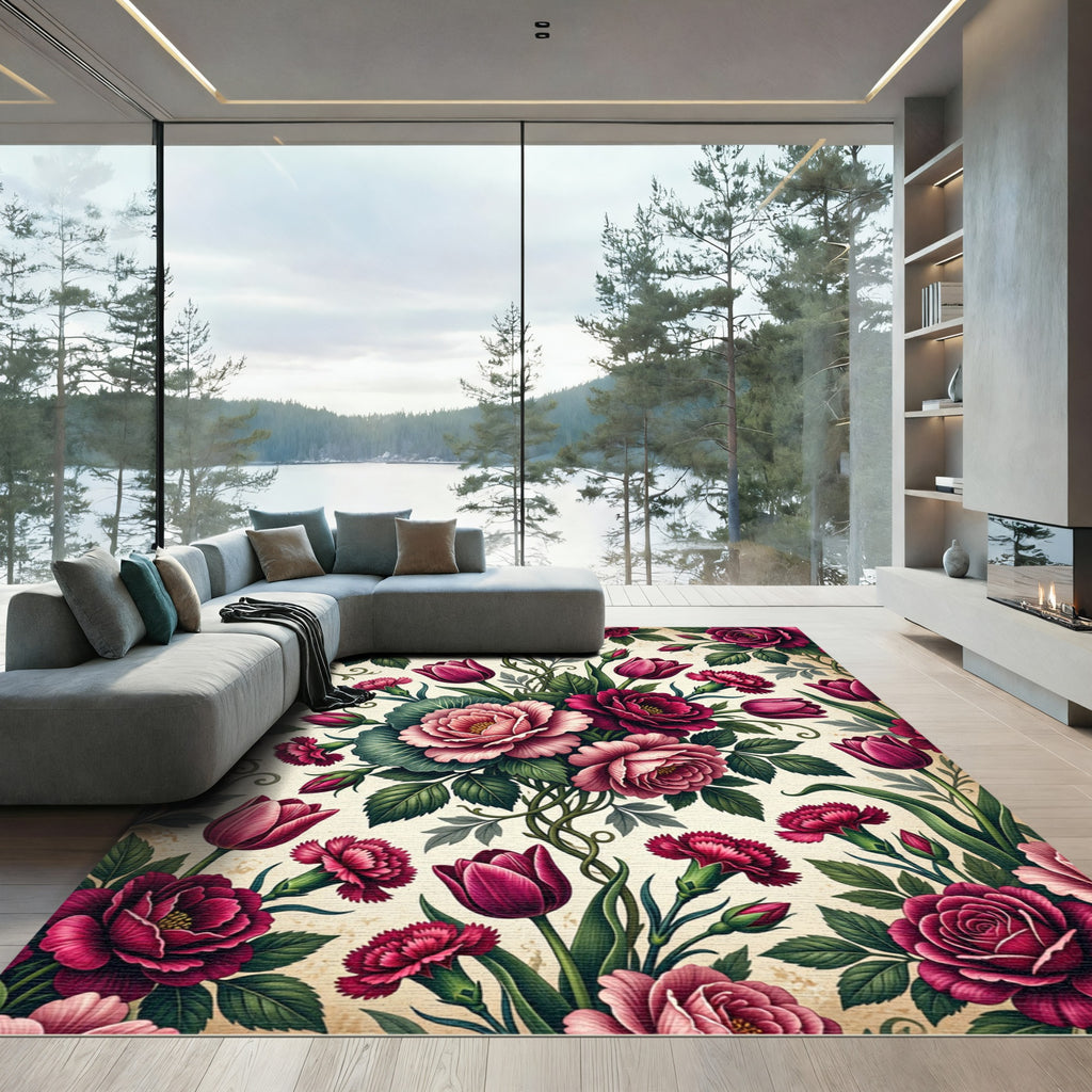 Romantic Crimson Floral Botanical Garland Rug