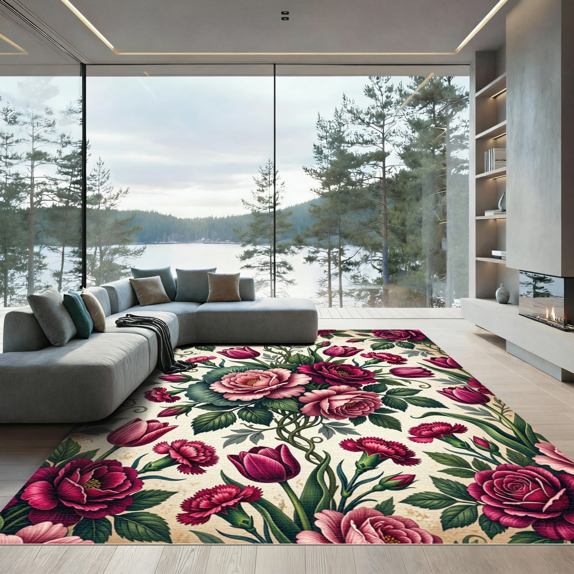 Romantic Crimson Floral Botanical Garland Rug