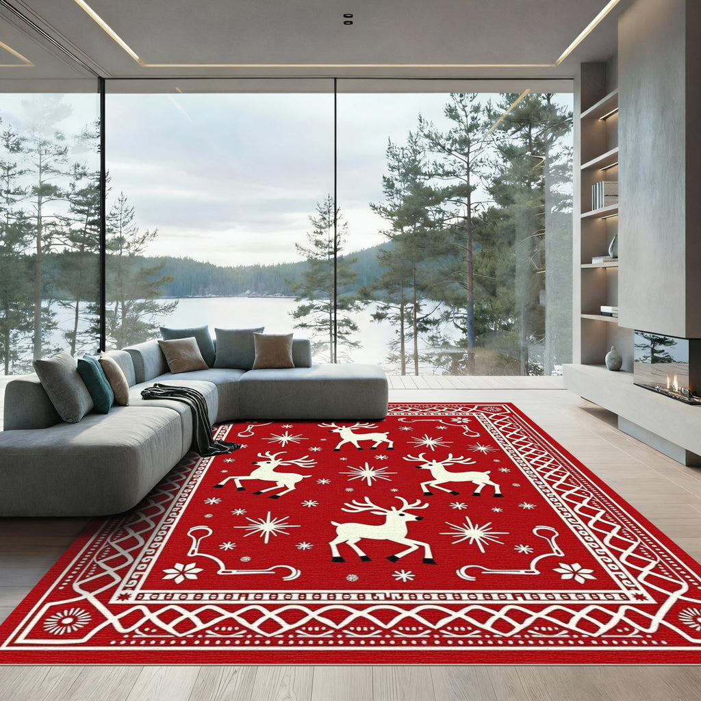 Rustic Red White Reindeer Snowflake Scape Rug
