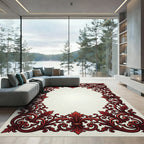 Ornate Crimson Baroque Scroll Border Rug