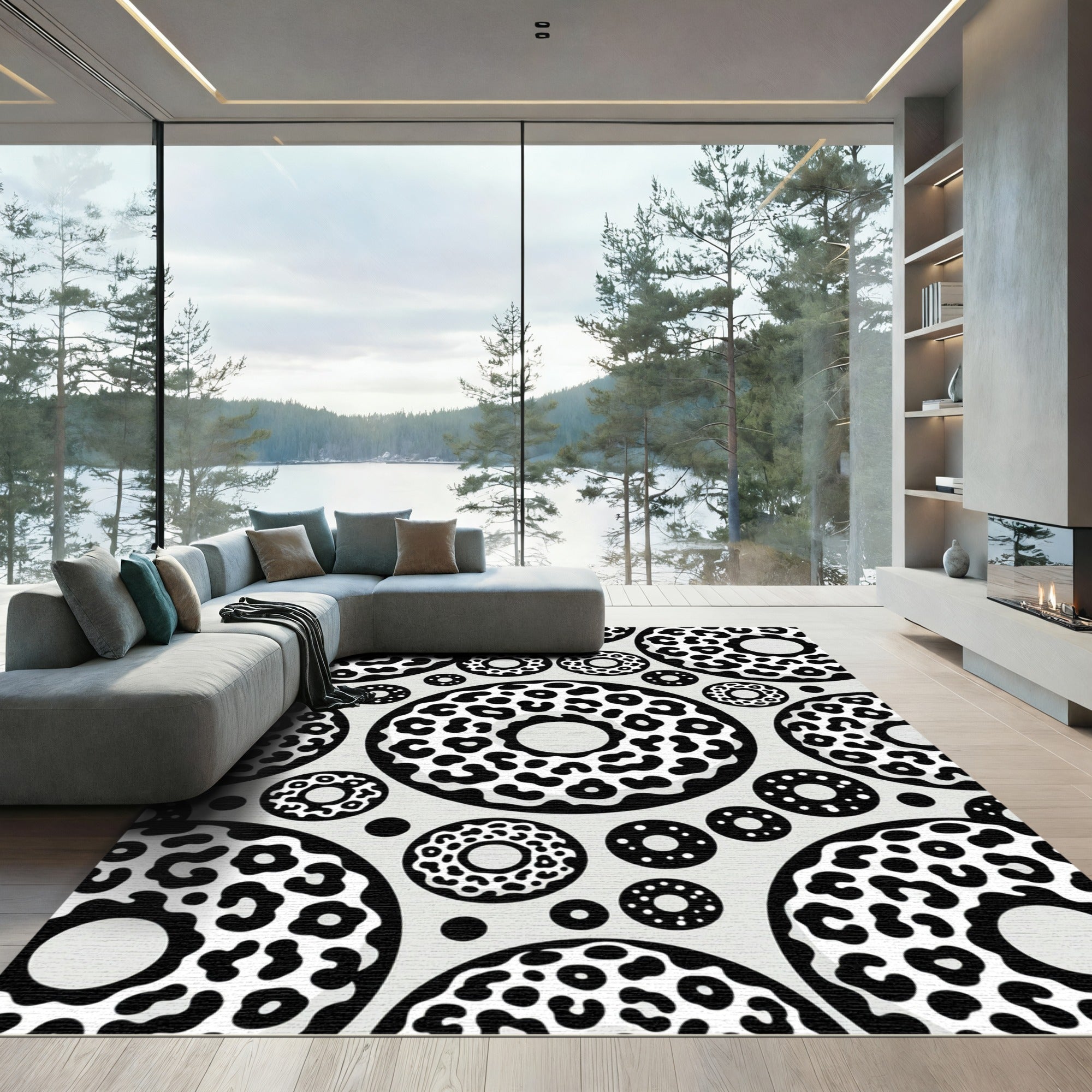 Monochrome Leopard Spotted Donut Illustration Rug