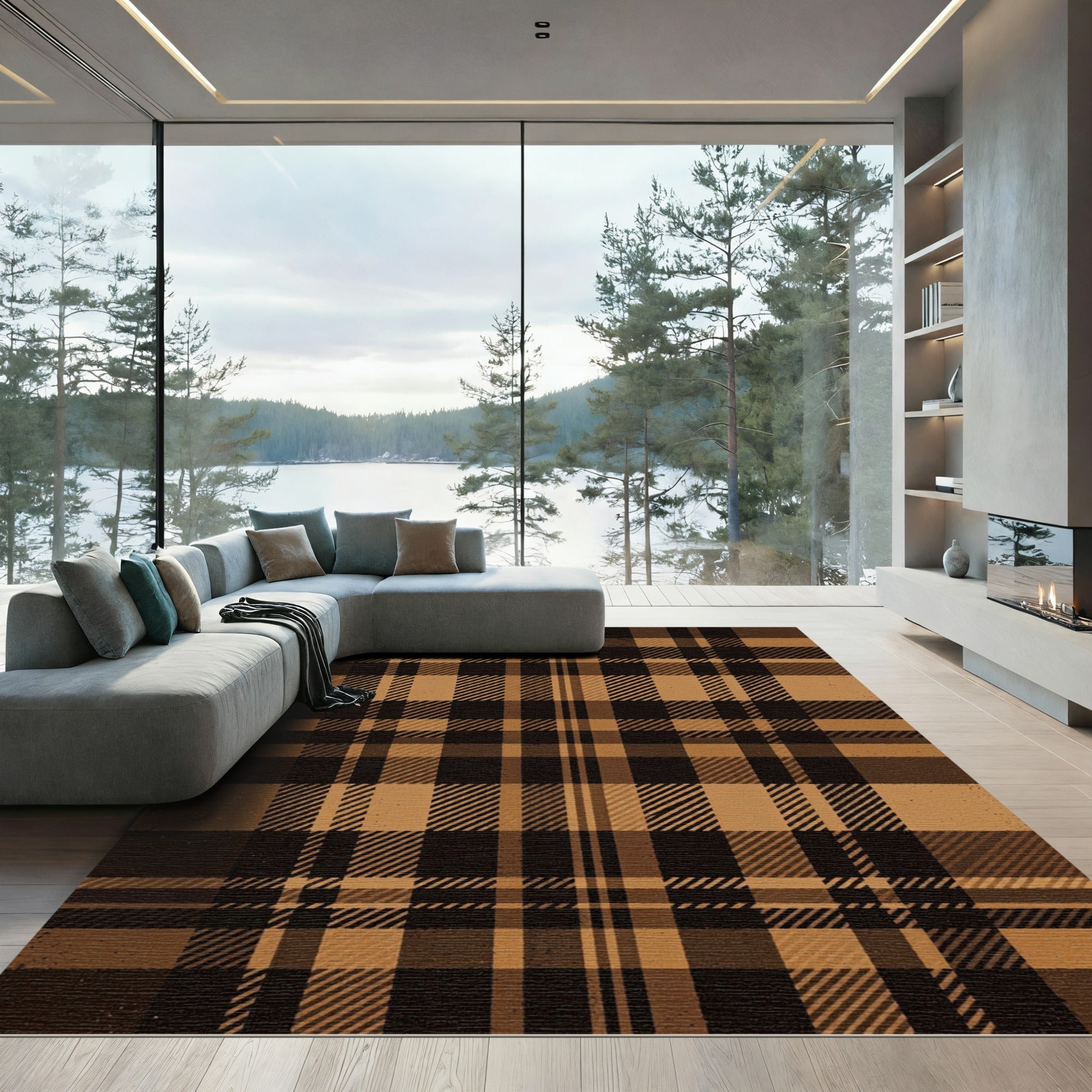 Rustic Brown Plaid Checkered Area Rug
