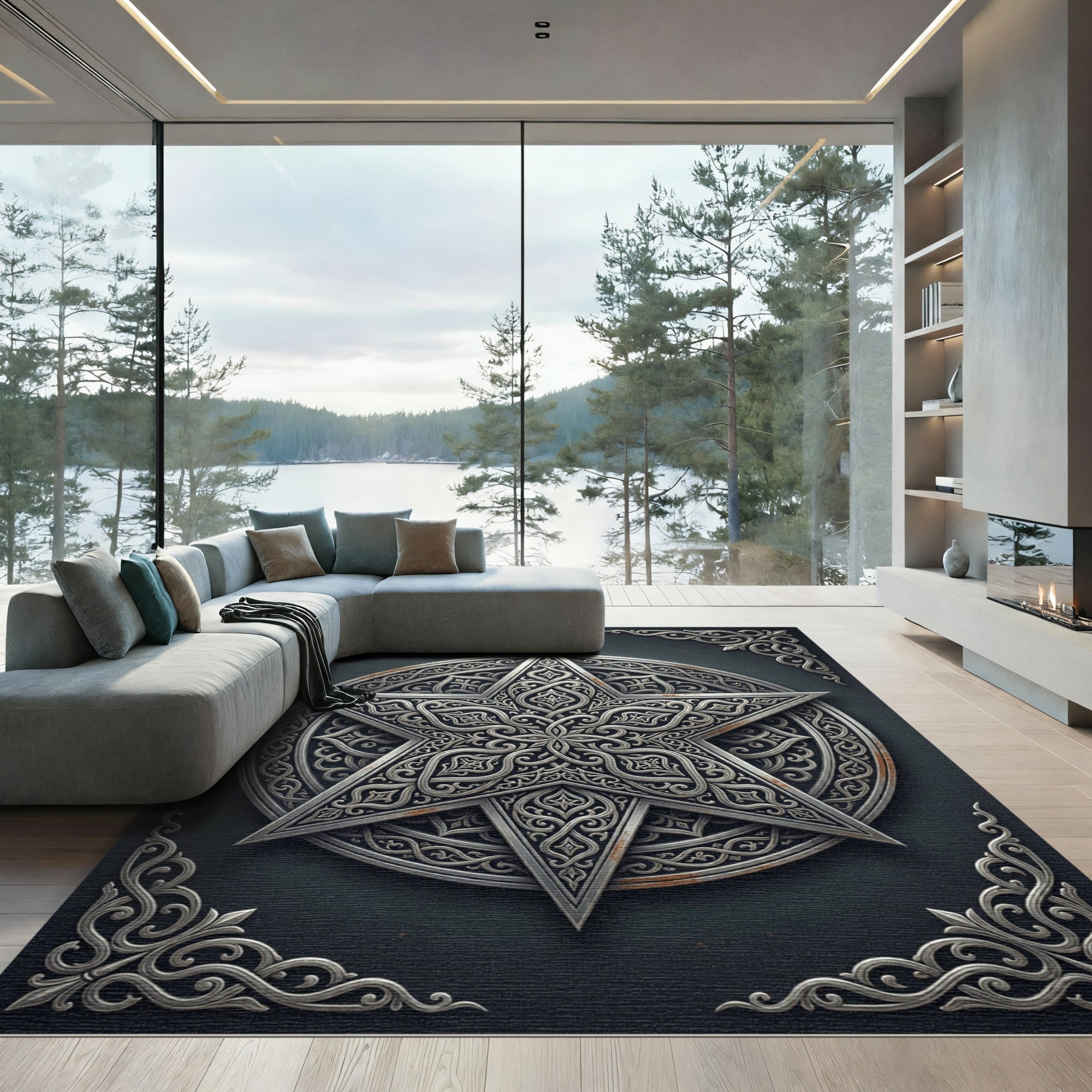 Ornate Silver Star Celestial Medallion Rug
