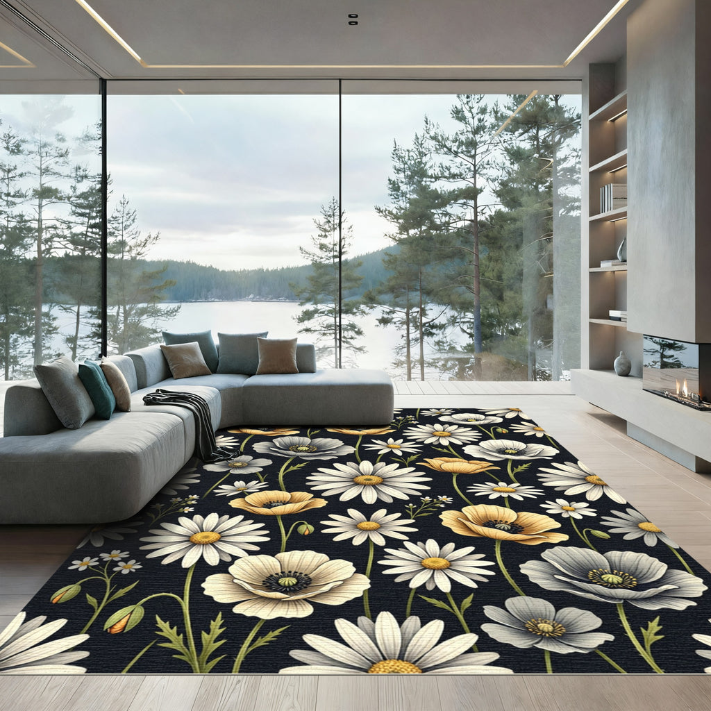 Botanical Golden Poppy and Daisy Meadow Rug