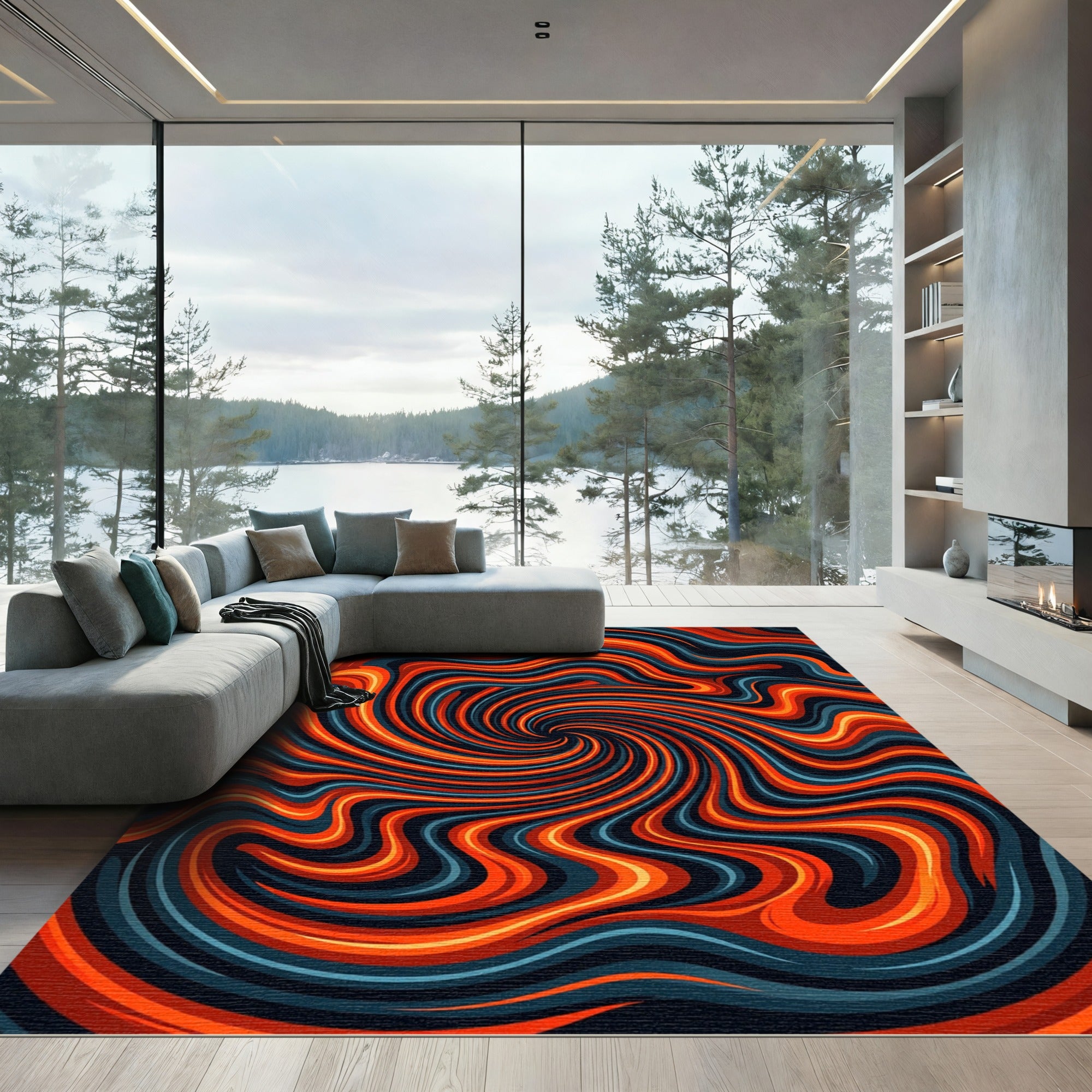 Vibrant Flowing Orange and Teal Swirl Rug