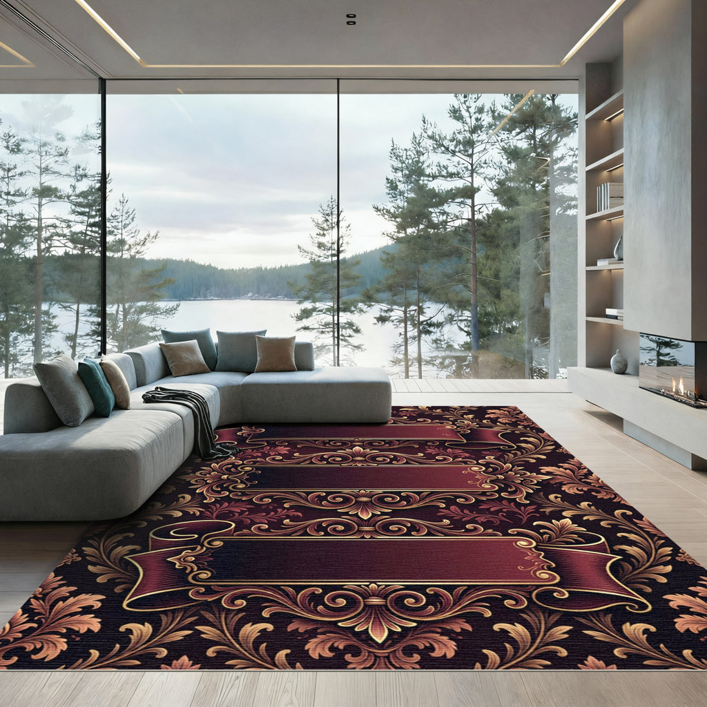 Ornate Crimson Gold Scrollwork Rug