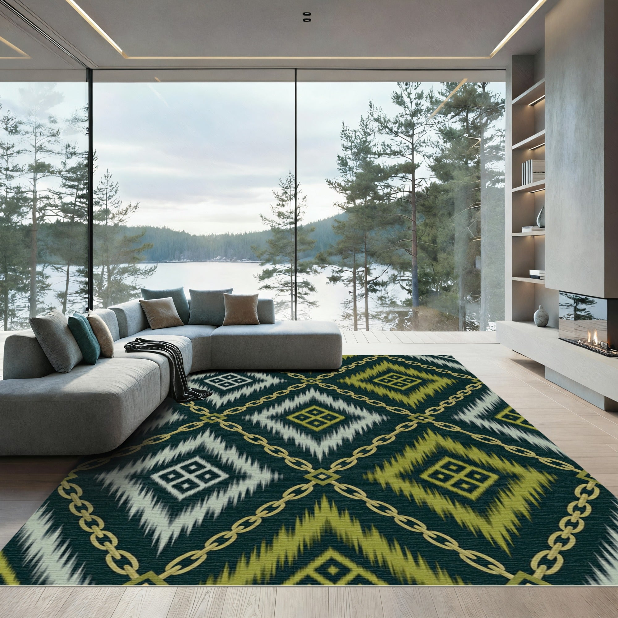Deep Green Gold Chain Diamond Rug
