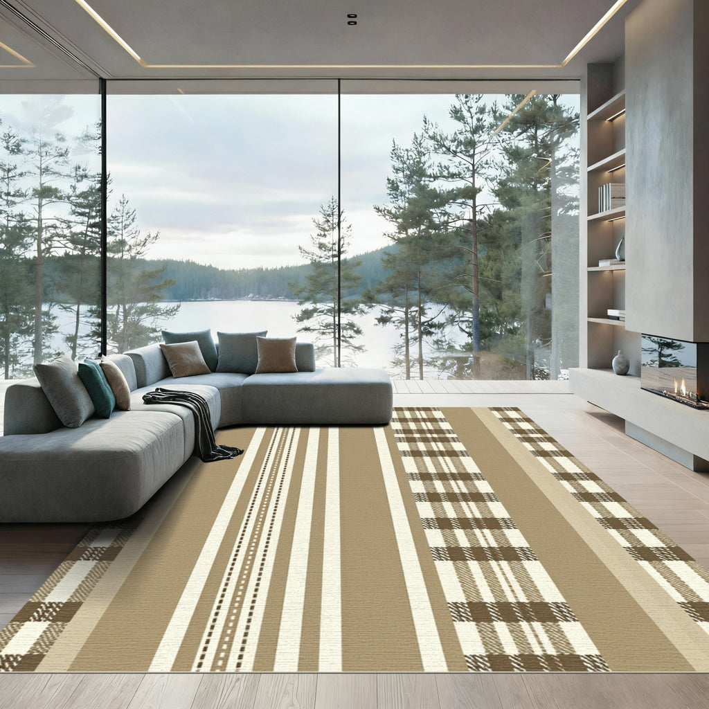 Earthy Tan Plaid Stripe Combination Rug
