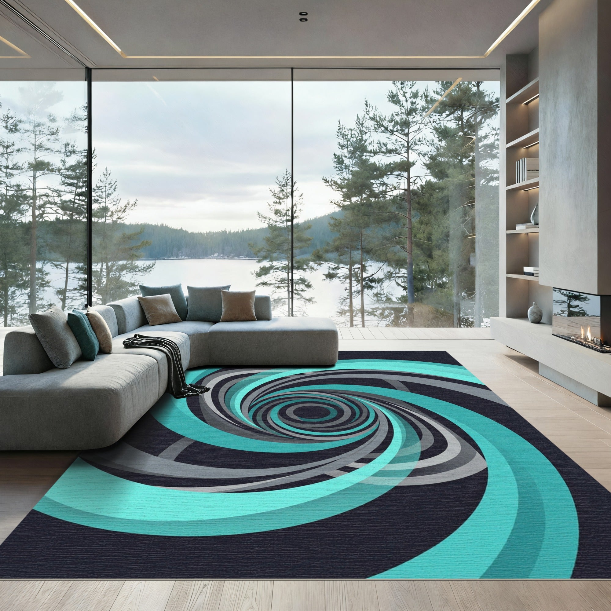Modern Teal and Gray Swirling Vortex Rug