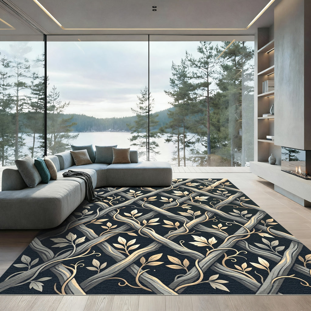 Gray Lattice Vine Botanical Rug