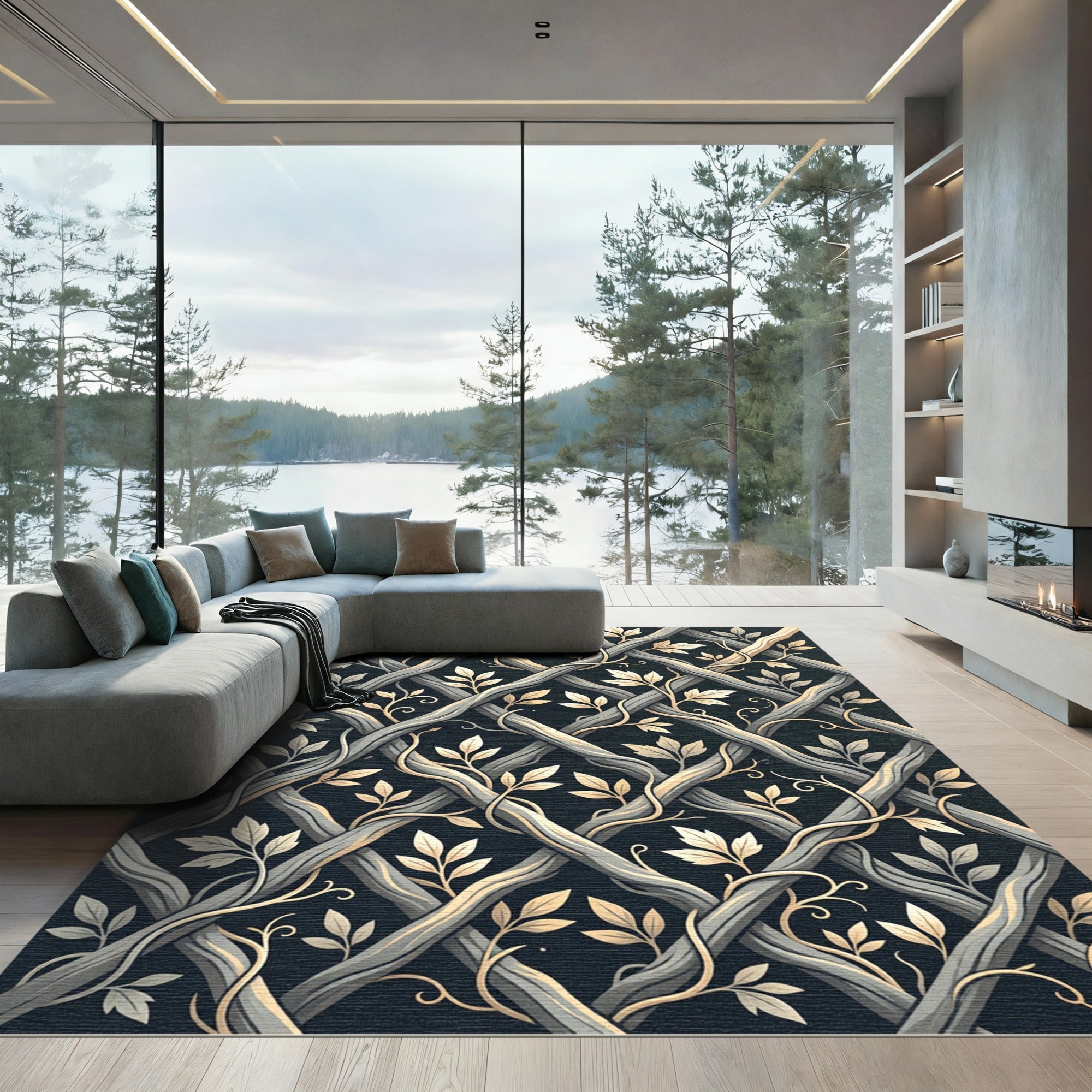 Gray Lattice Vine Botanical Rug