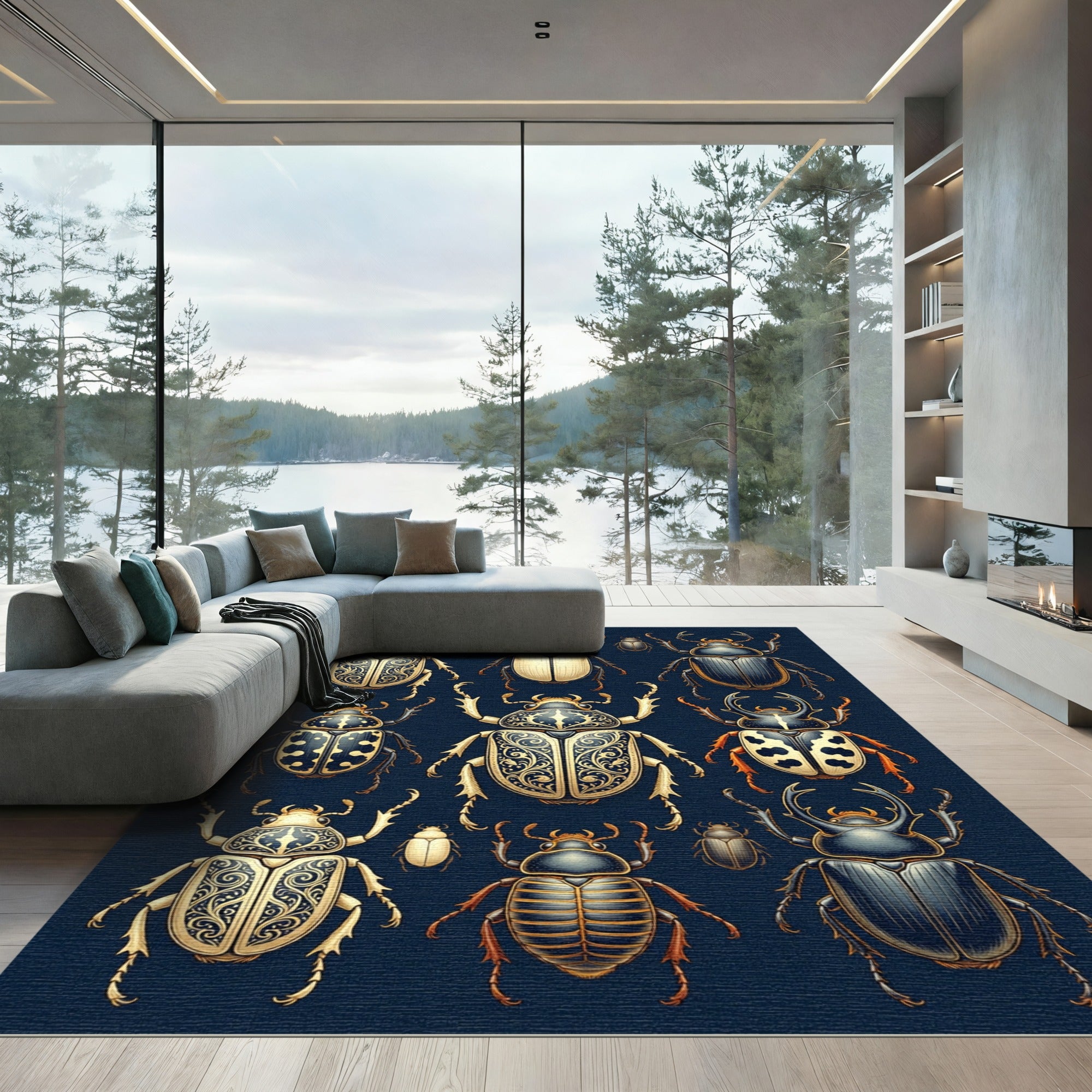 Ornate Entomological Golden Beetle Illustration Rug