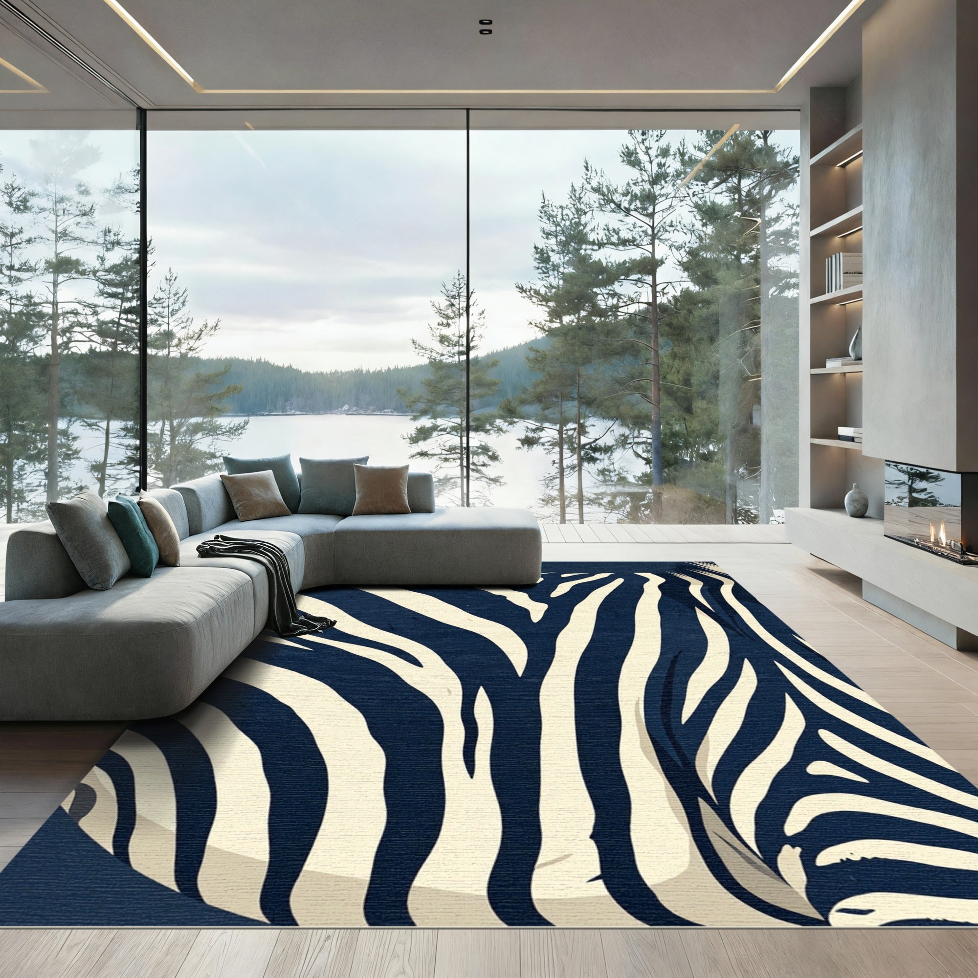 Navy Cream Zebra Stripe Textural Rug