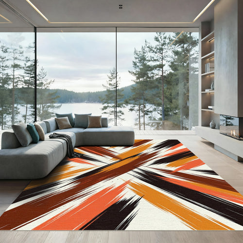 Abstract Burnt Orange Black Brushstroke Rug