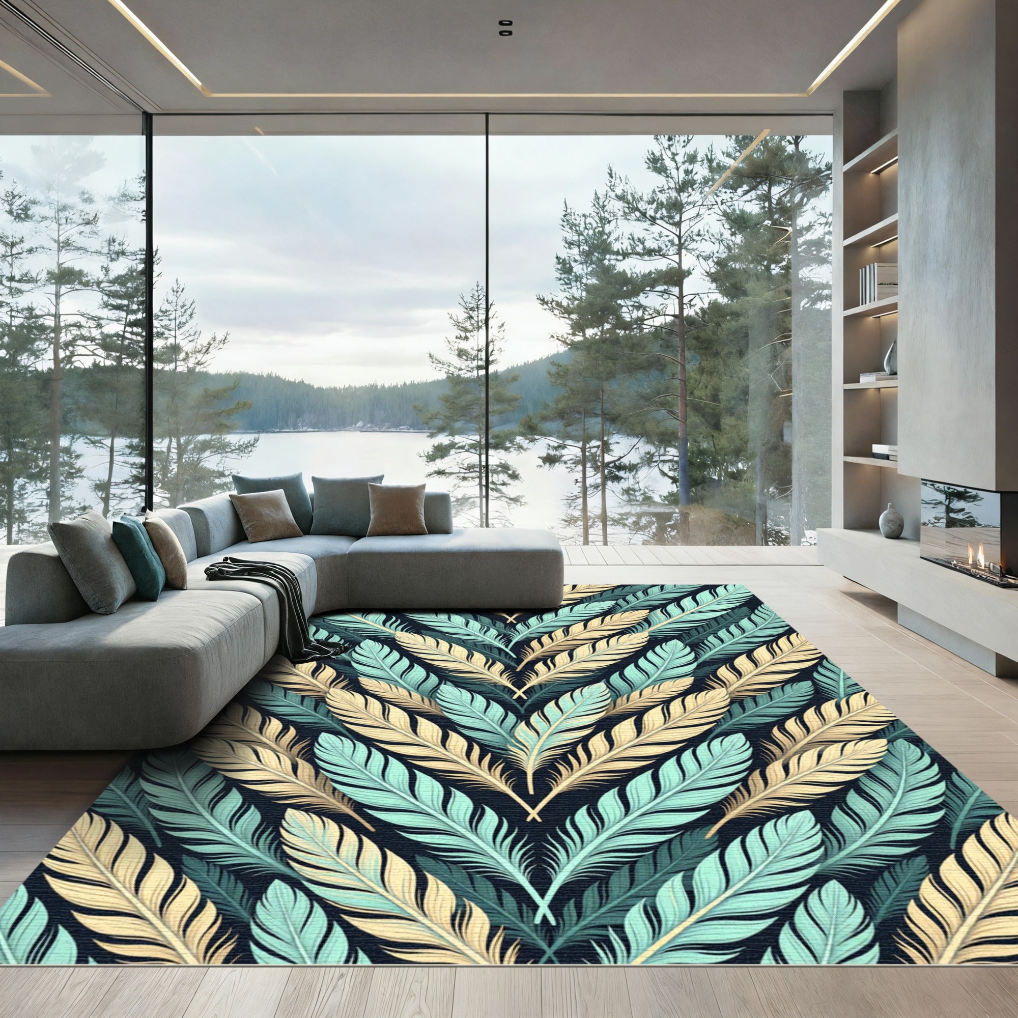 Cream and Teal Plumed Chevron Feather Rug