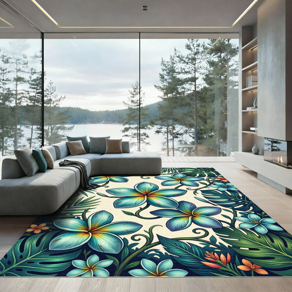 Vibrant Teal Plumeria Tropical Foliage Rug