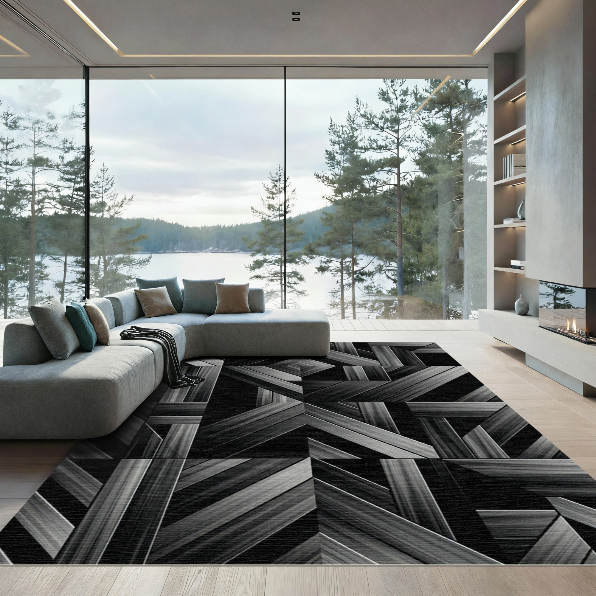Monochrome Geometric Linear Abstract Art Rug