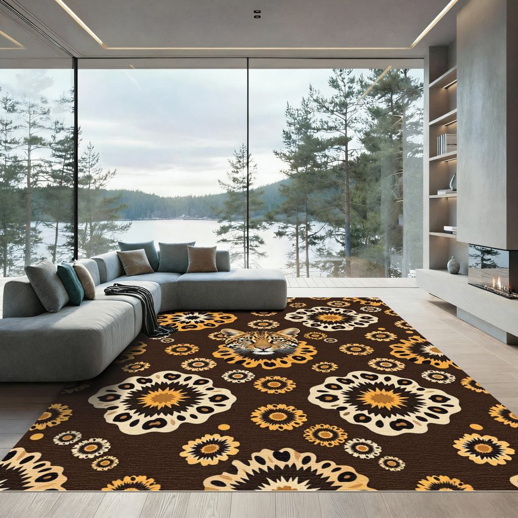 Bold Leopard Floral Medallion Brown Rug