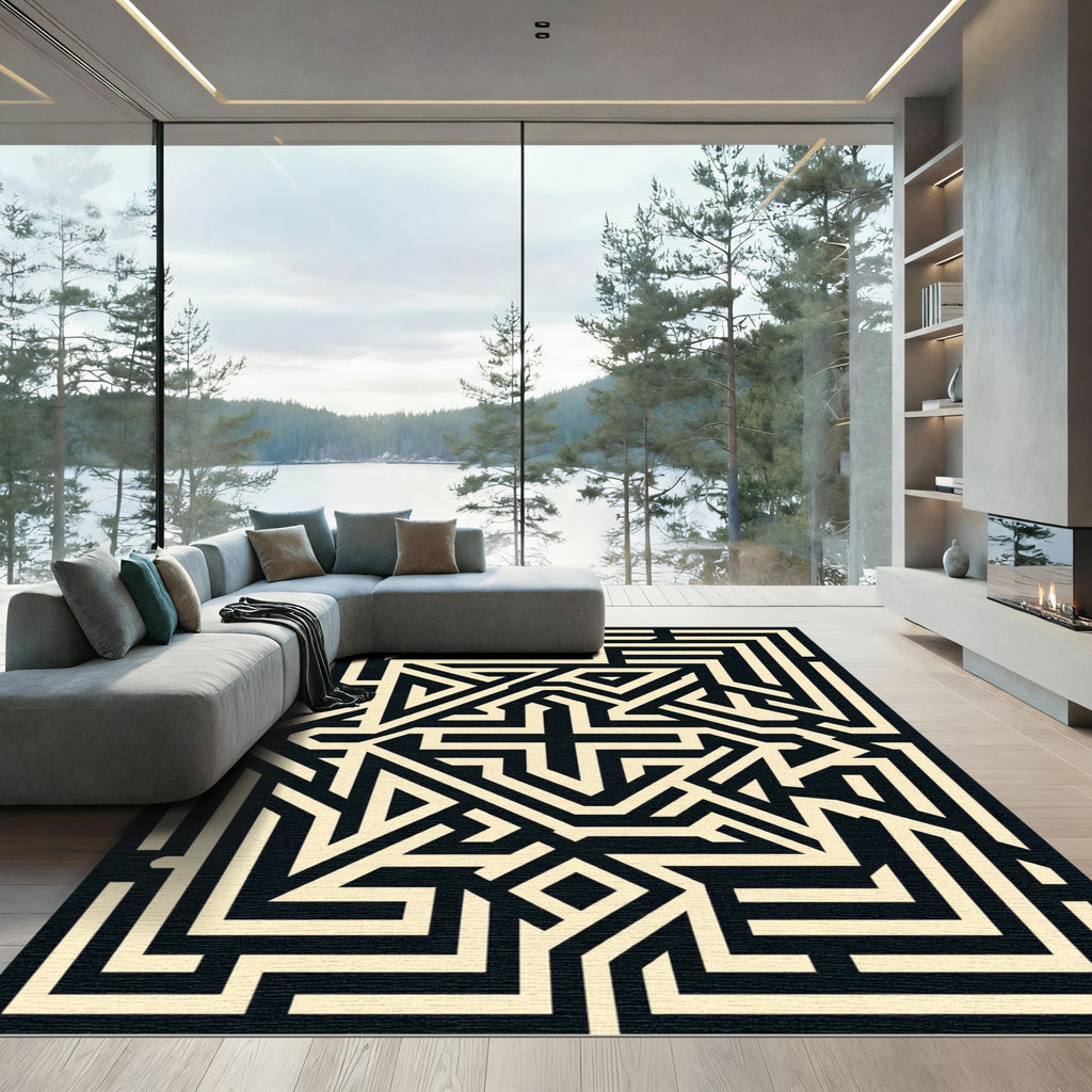 Geometric Cream and Black Maze Art Rug