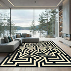 Geometric Cream and Black Maze Art Rug