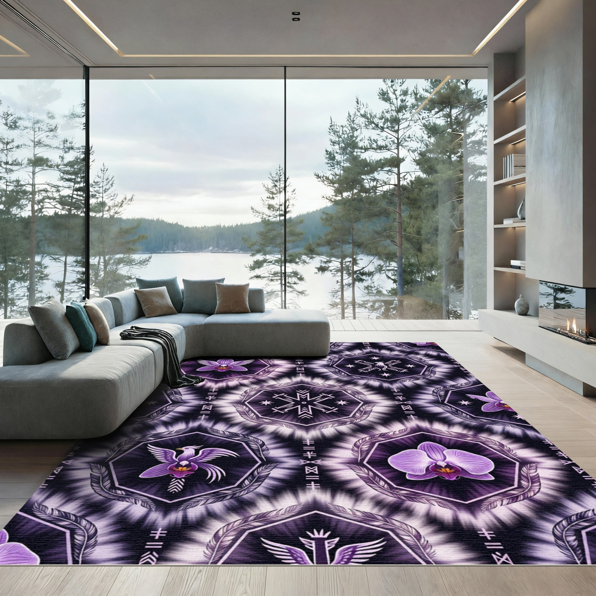 Purple Orchid Phoenix Rune Tie Dye Rug