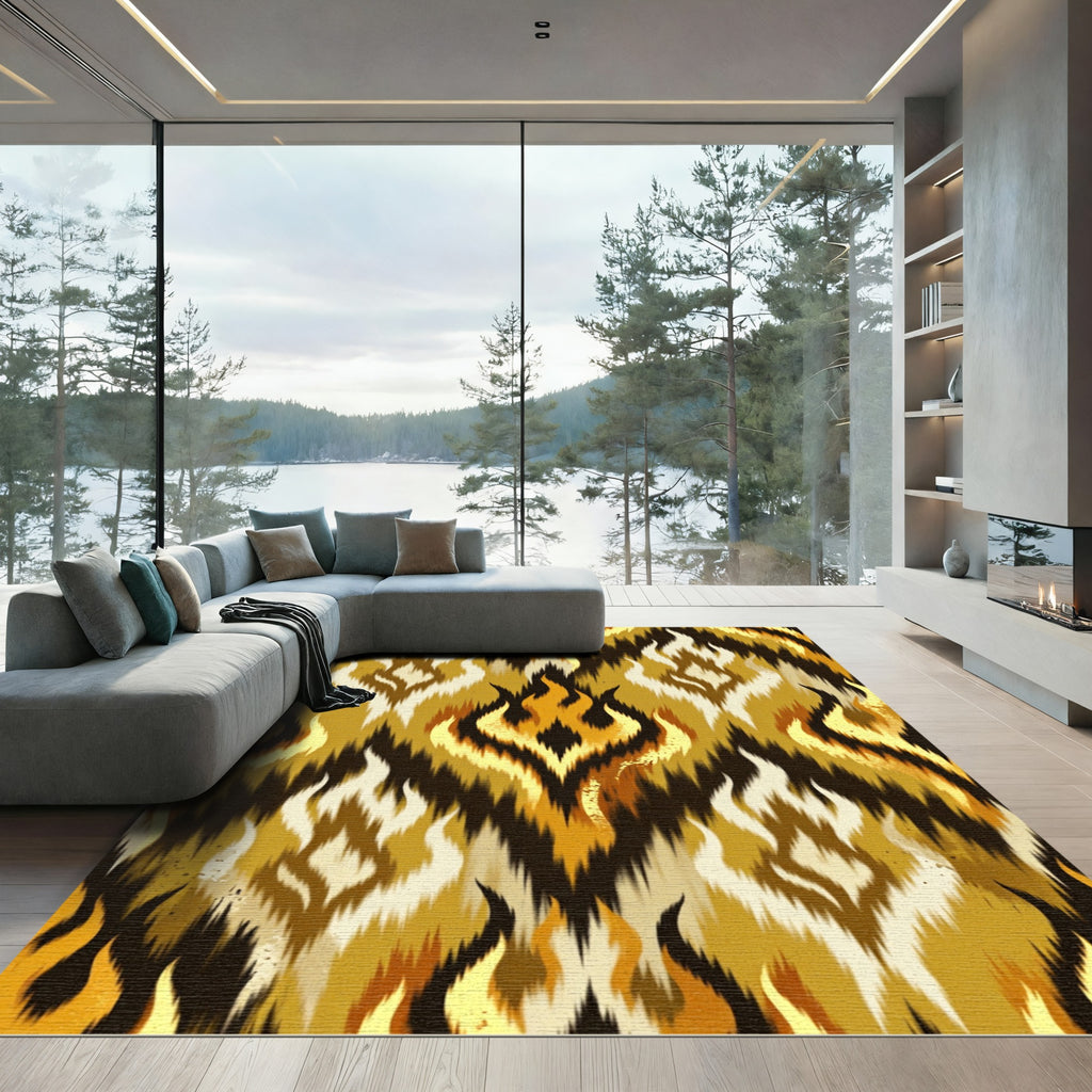 Fiery Gold Ikat Flame Abstract Rug