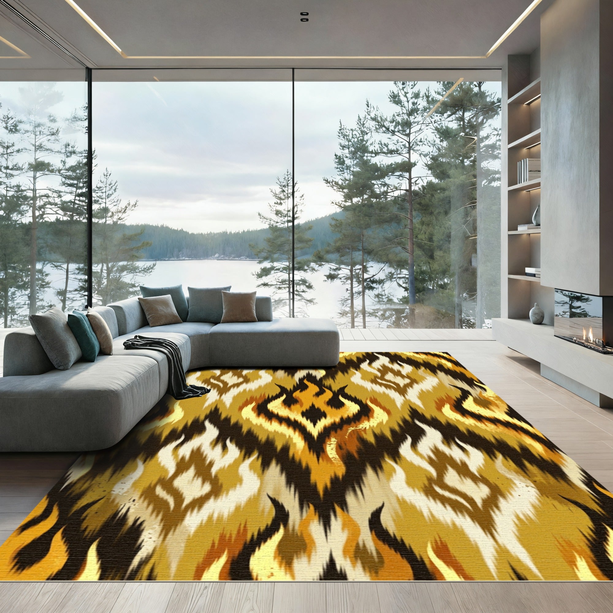 Fiery Gold Ikat Flame Abstract Rug