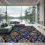 Elegent Blue and Gold Floral Damask Rug