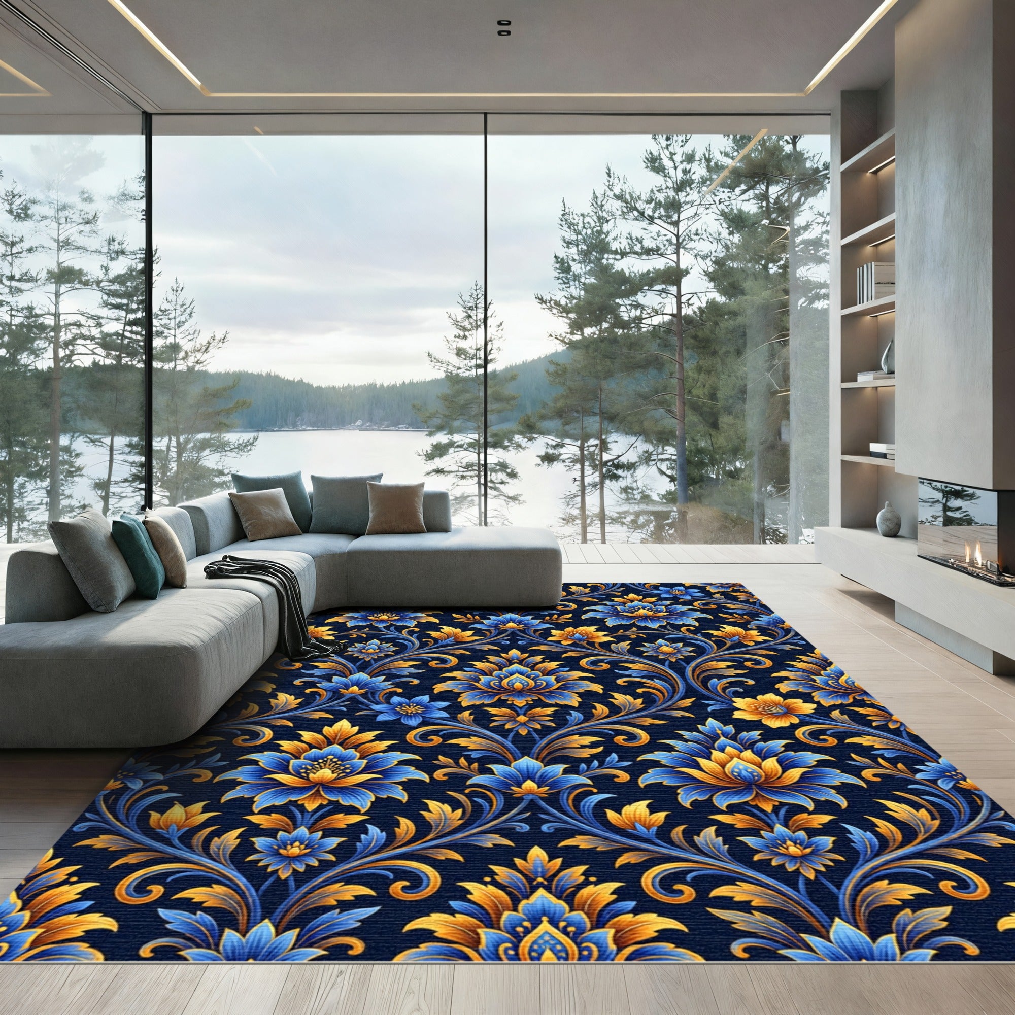 Elegent Blue and Gold Floral Damask Rug