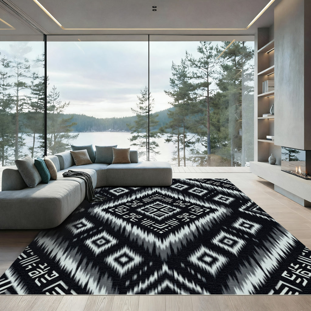 Monochrome Geometric Ikat Diamond Area Rug