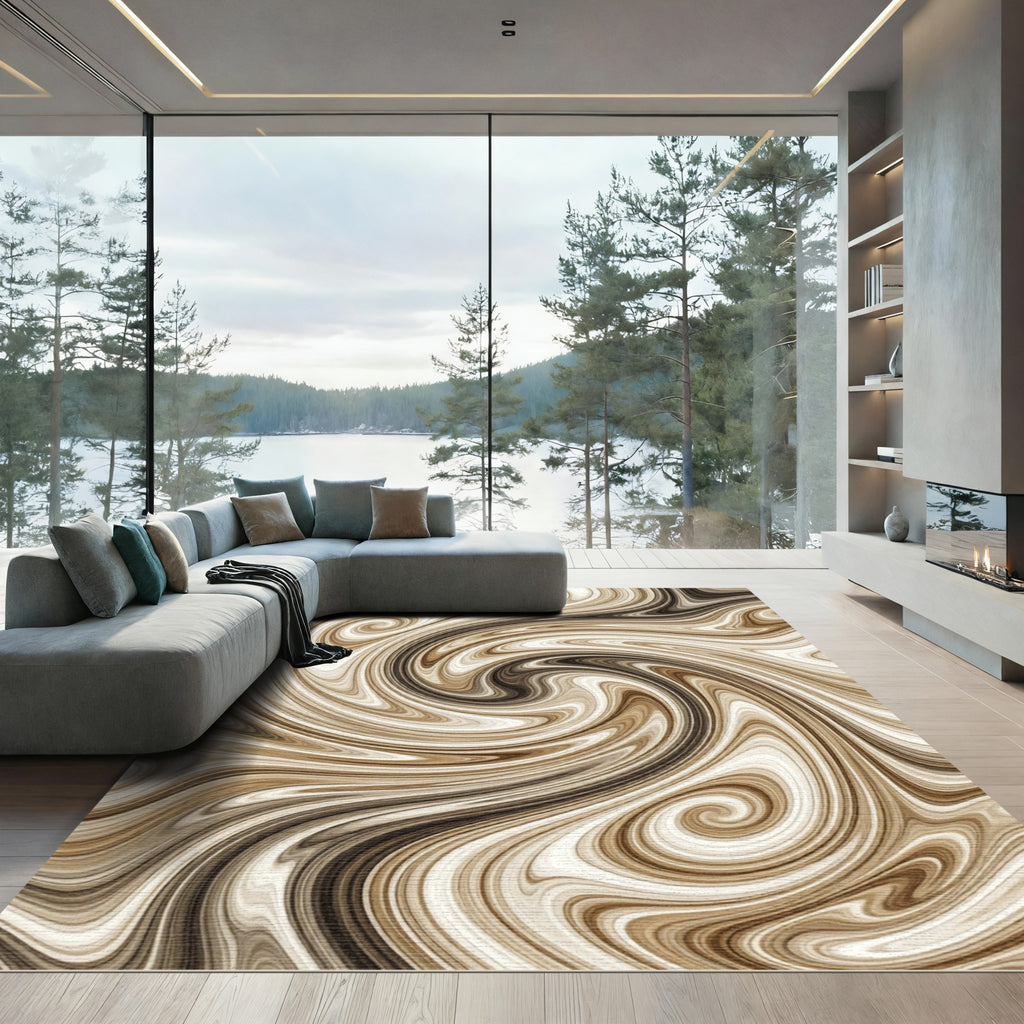Swirling Coffee Latte Cream Abstract Wave Rug