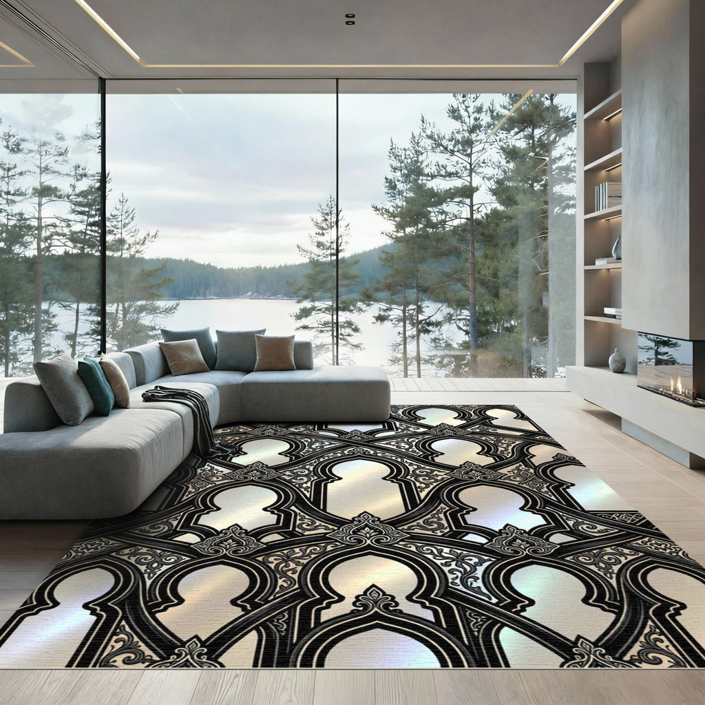 Elegant Black Silver Arched Trellis Rug
