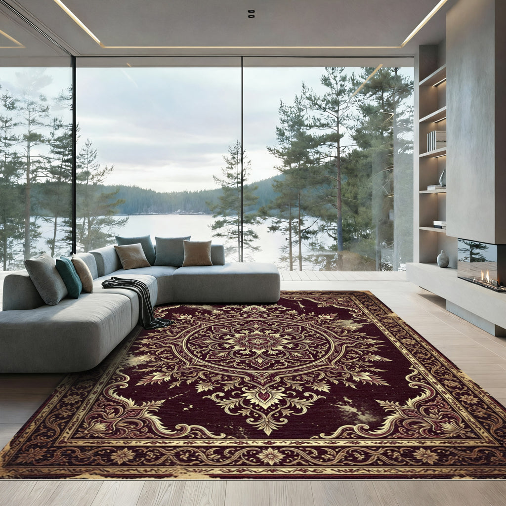 Ornate Deep Burgundy Gold Filigree Medallion Rug