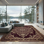 Ornate Deep Burgundy Gold Filigree Medallion Rug