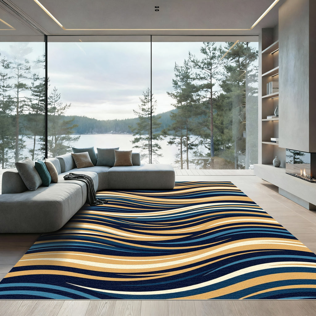 Deep Blue Golden Wavy Lines Rug