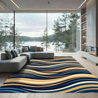 Deep Blue Golden Wavy Lines Rug