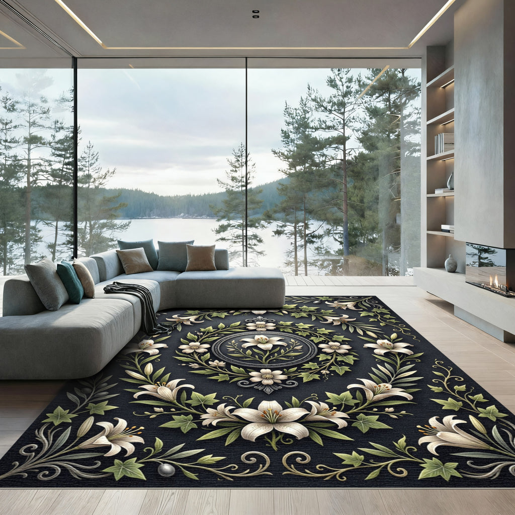 Elegant White Lily Floral Garland Rug