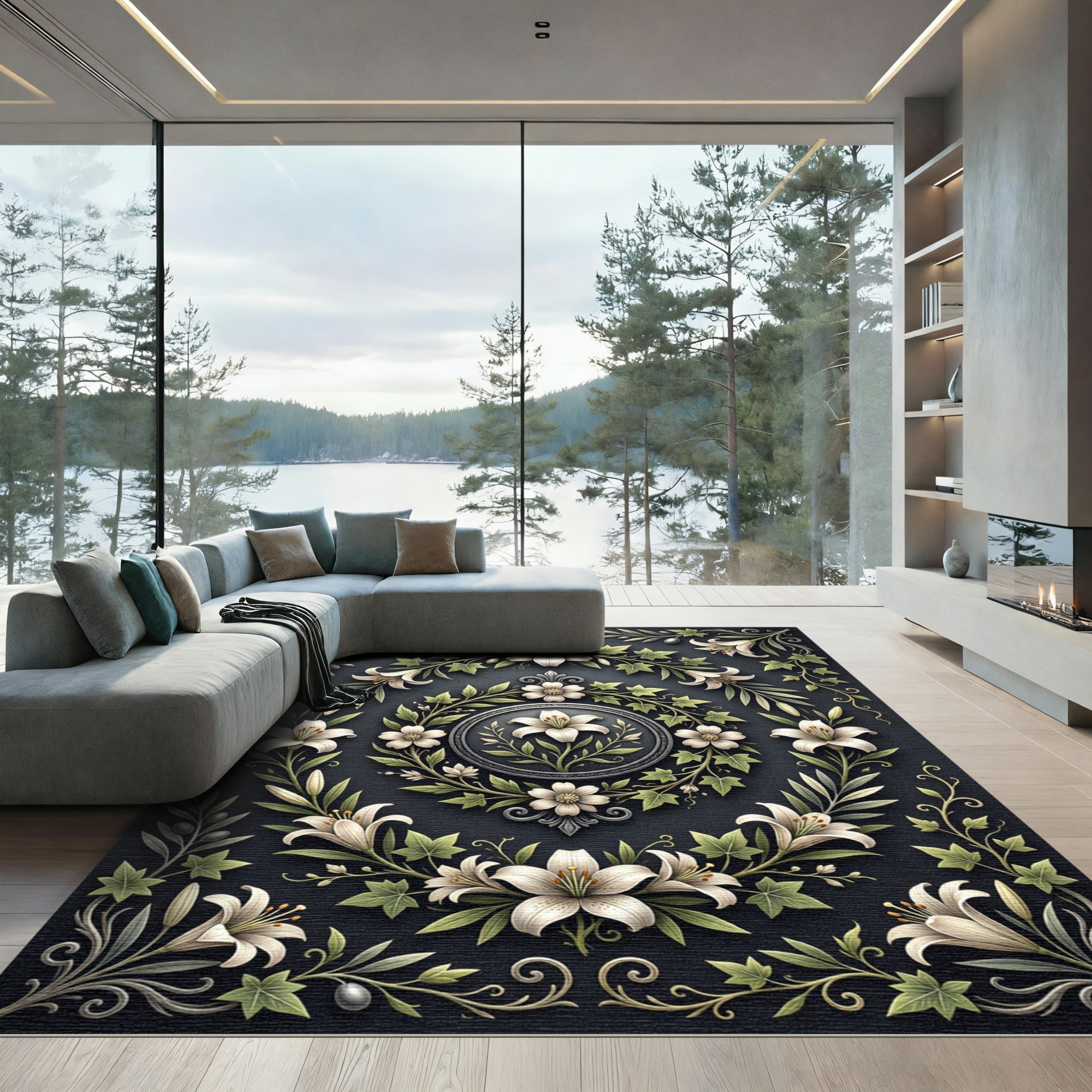 Elegant White Lily Floral Garland Rug