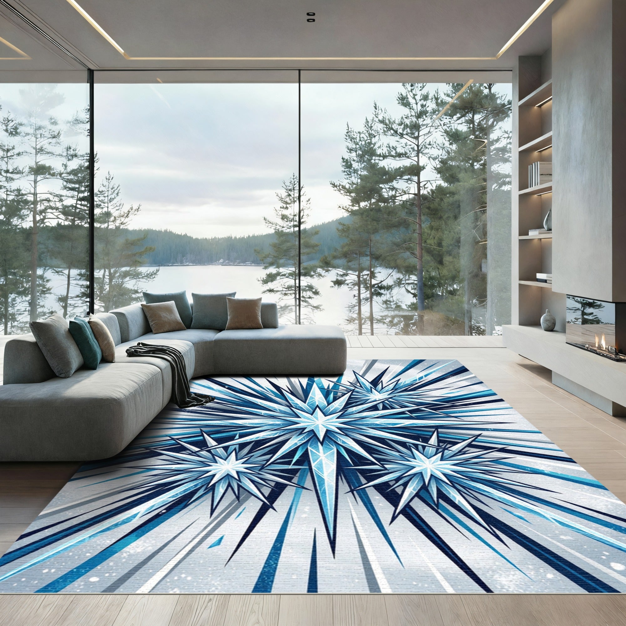 Frozen Stellar Blue Geometric Crystal Burst Rug