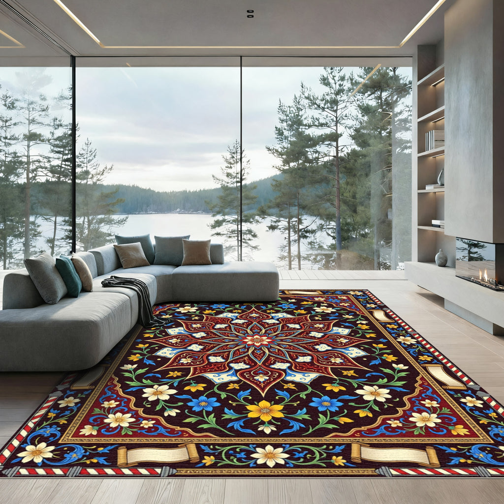 Deep Crimson Floral Inlay Medallion Rug