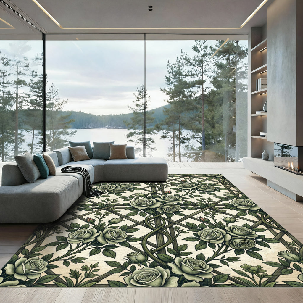 Sage Green Rose Lattice Floral Trellis Rug