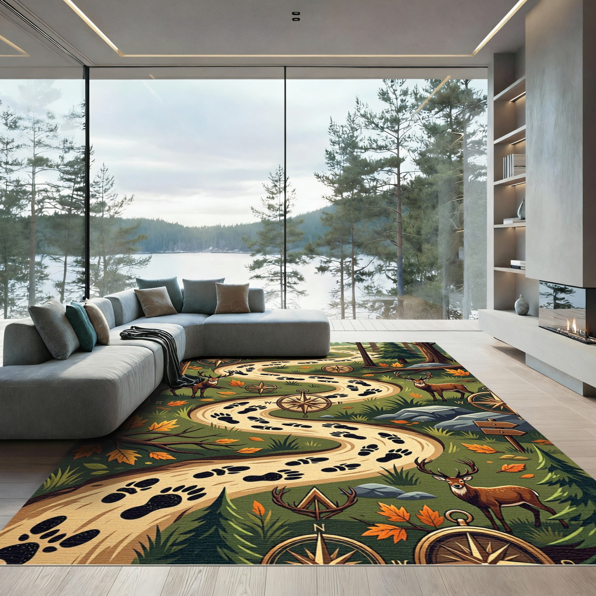 Enchanted Forest Deer Compass Trail Rug