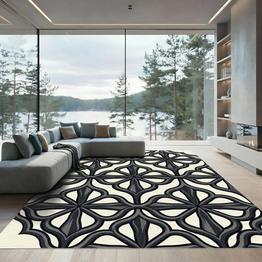 Modern Charcoal Gothic Quatrefoil Scroll Rug