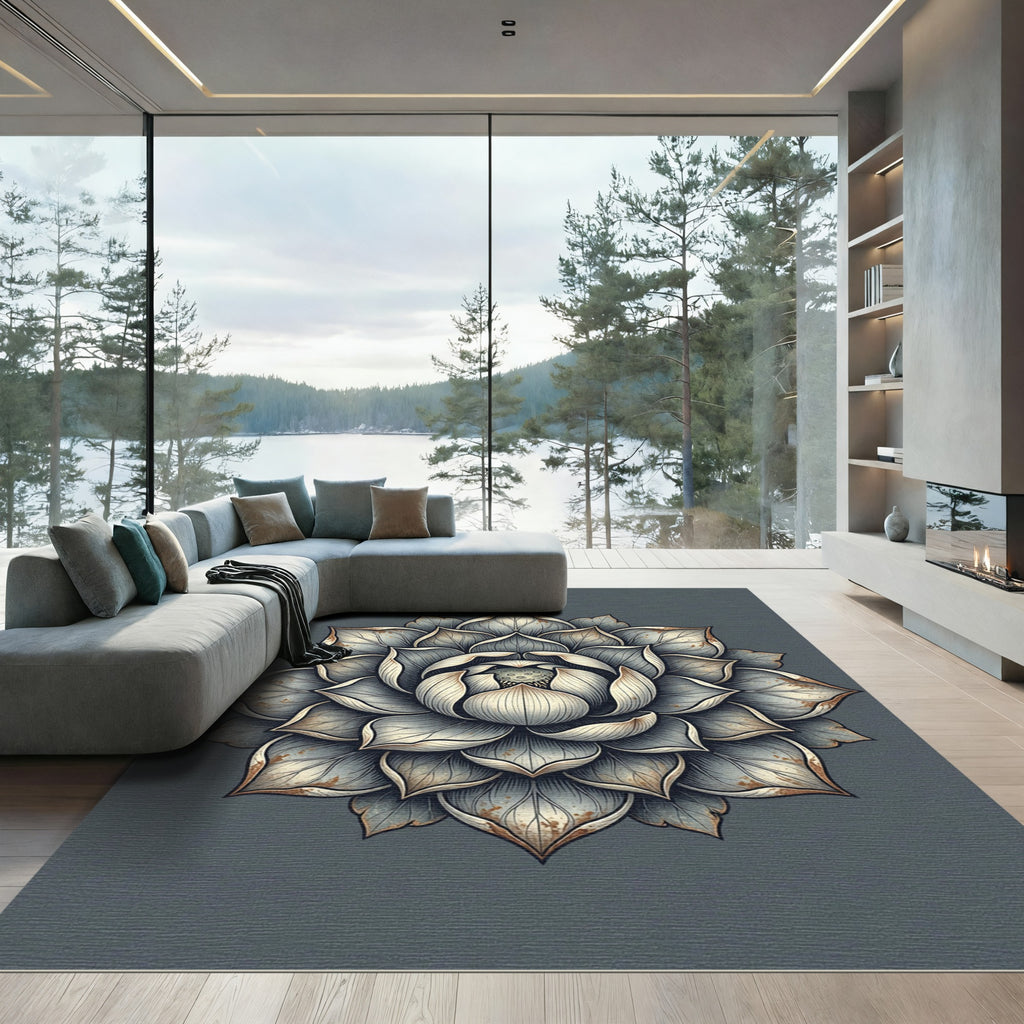 Elegant Silver Lotus Medallion Rug