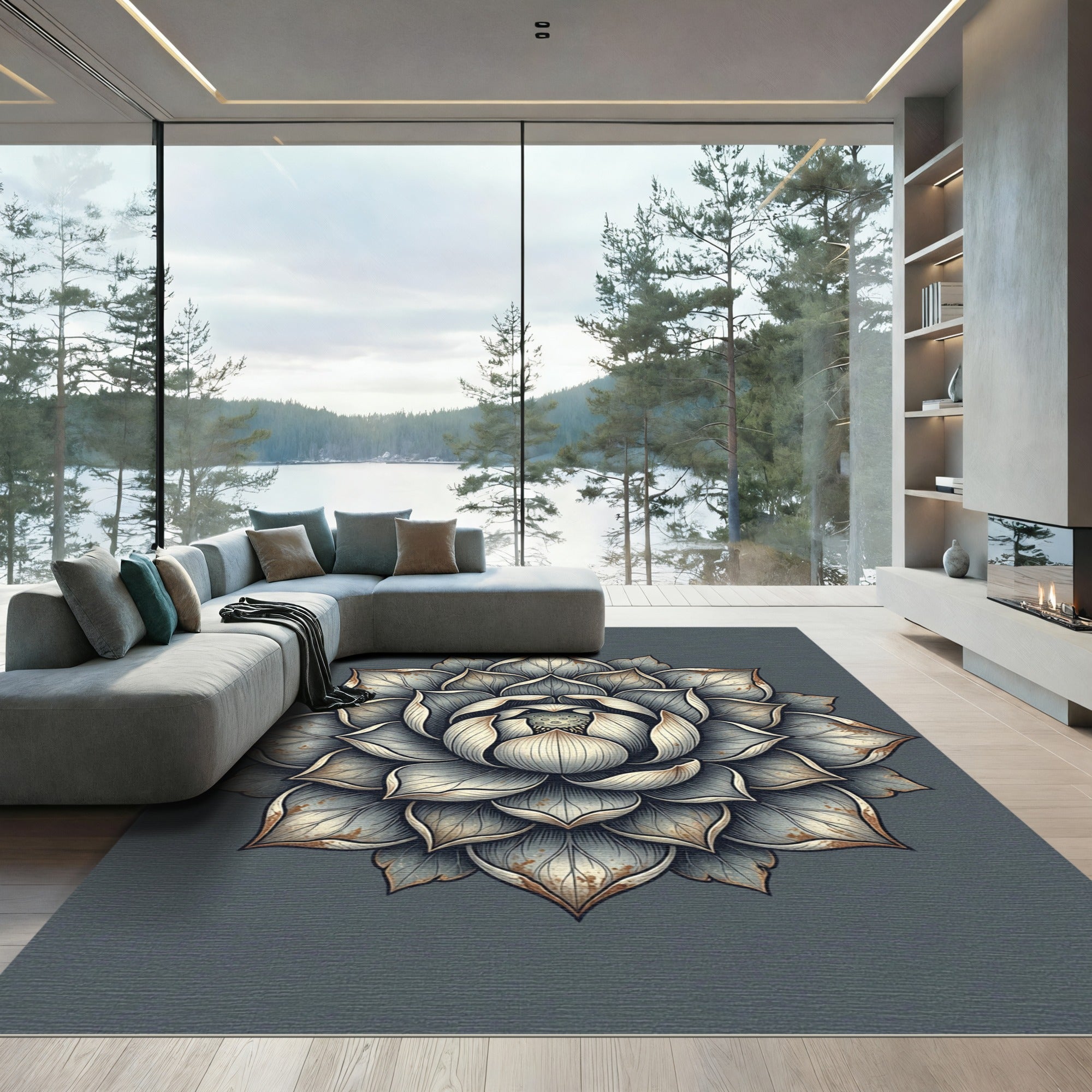 Elegant Silver Lotus Medallion Rug