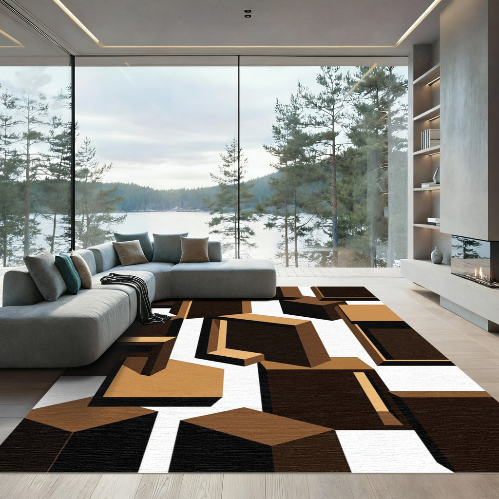Modern Brown Geometric Cube Composition Rug