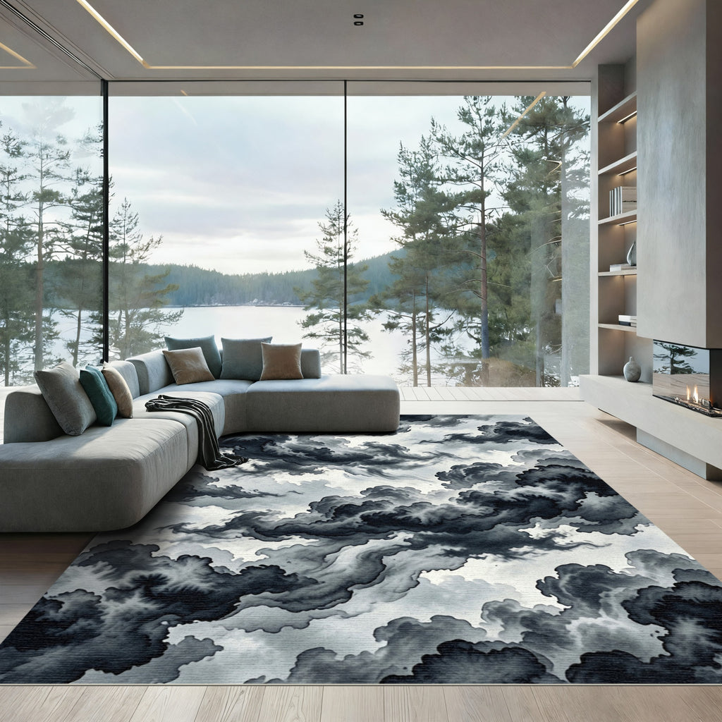 Moody Monochrome Ink Wash Storm Sky Rug