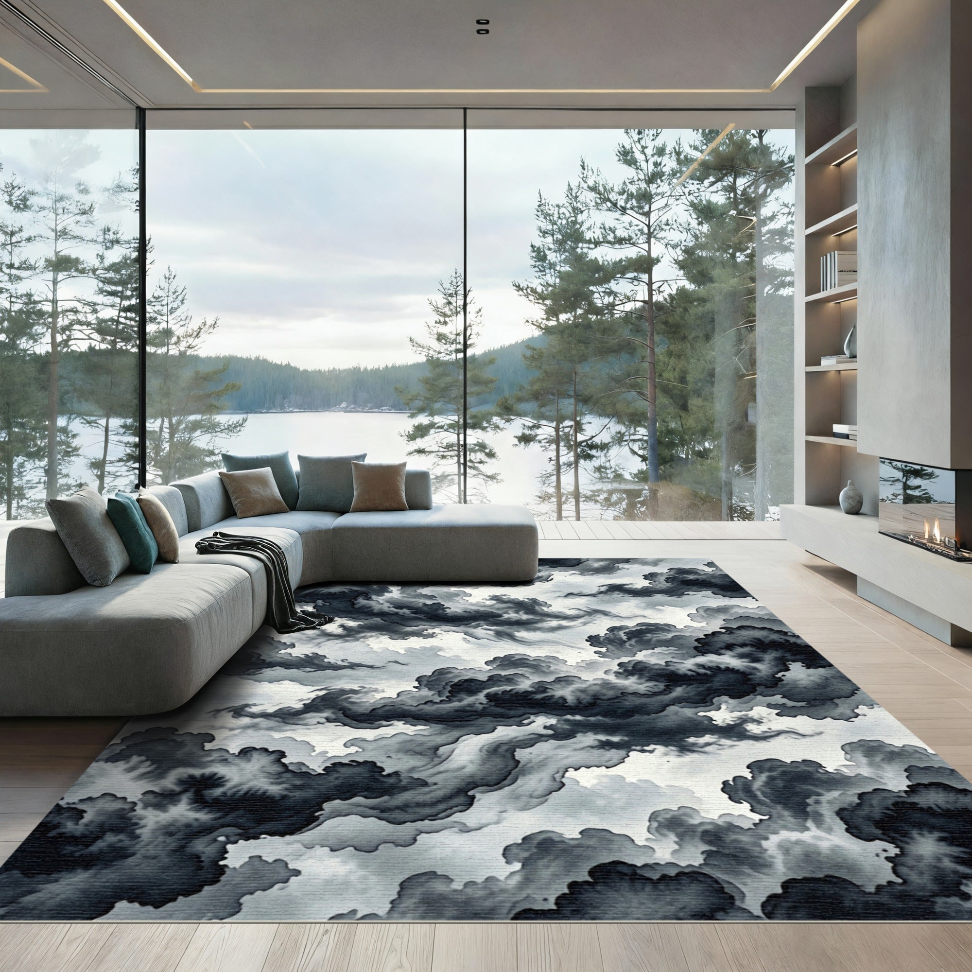 Moody Monochrome Ink Wash Storm Sky Rug
