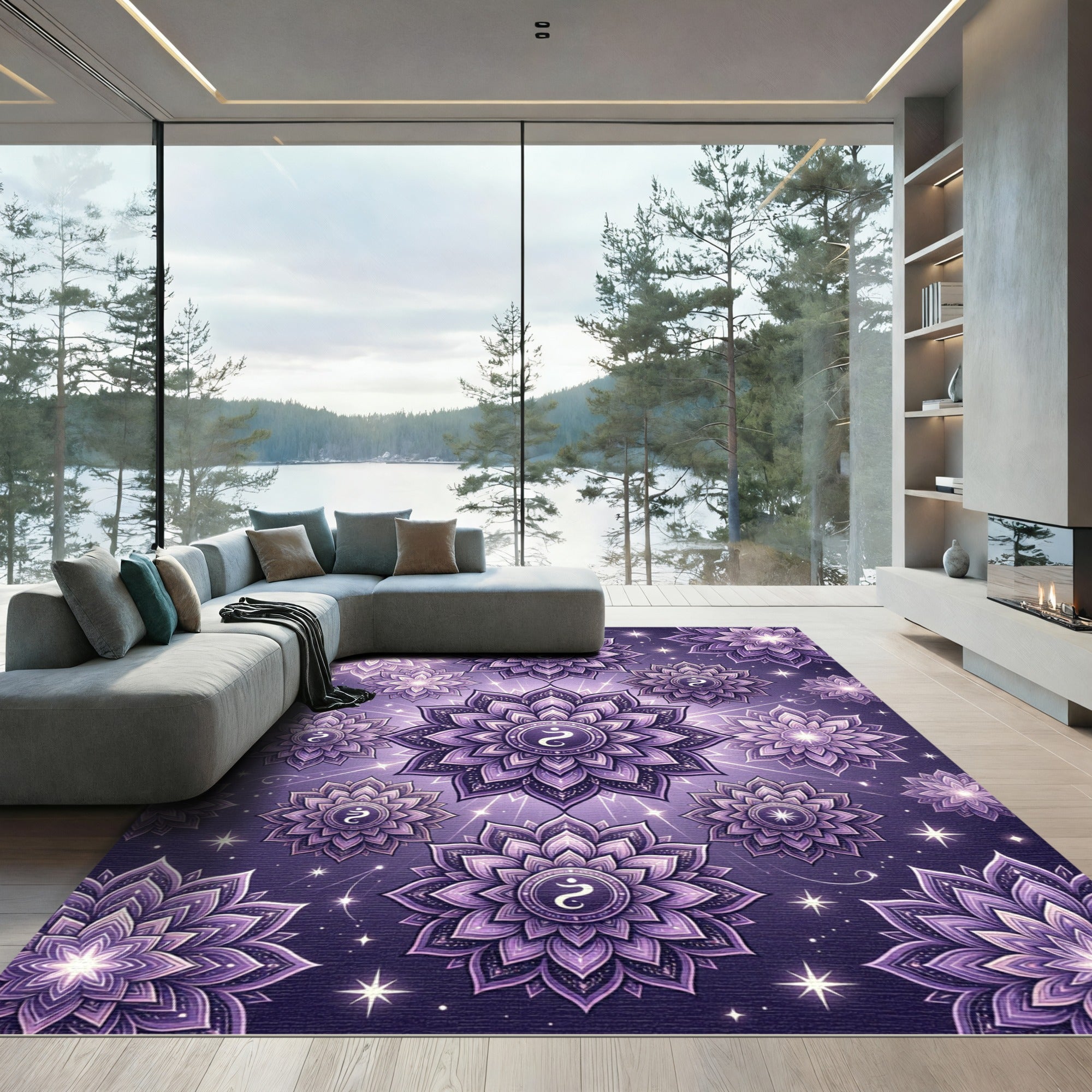Celestial Violet Mandala with Radiant Orbs Rug