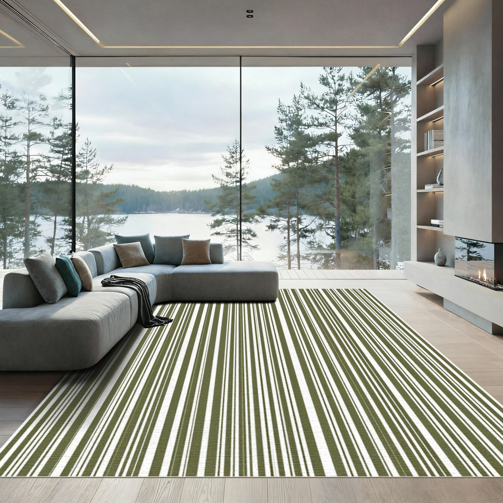 Olive White Vertical Stripe Rug
